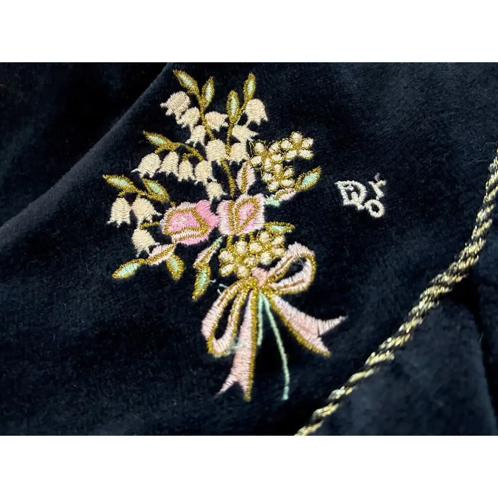 VTG Christian Dior Velour Luxury Loungewear Floral Embroidery Navy Blue Large